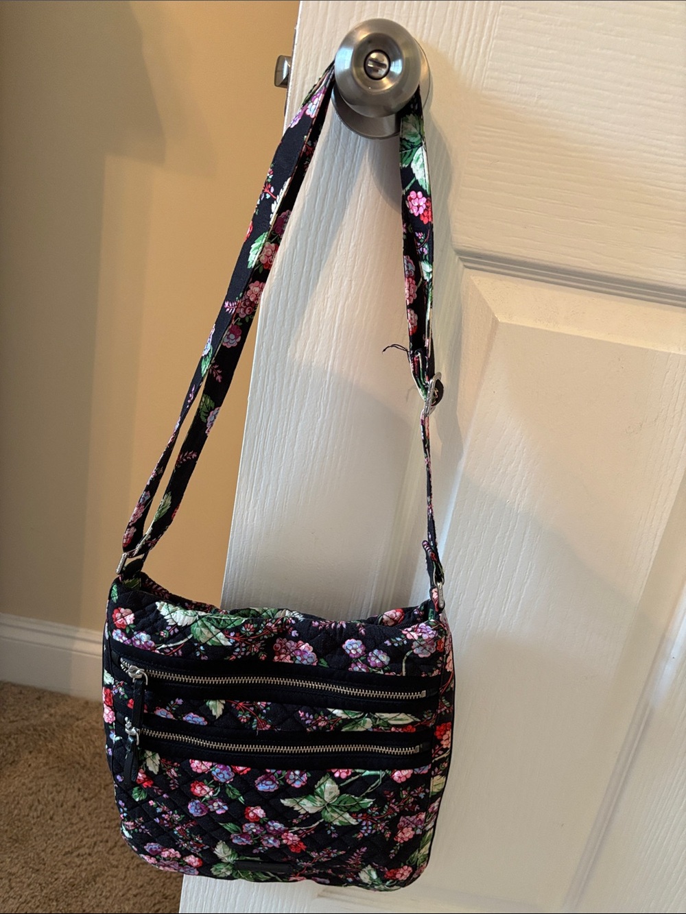 Vera Bradley Black Quilted Floral Crossbody with Pink & Green Flowers